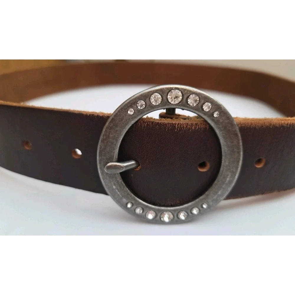 Rhinestones Y2K Belt Medium Leather Women's Genuine American Eagle Brown Silver